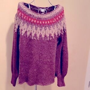 FREE PEOPLE Wool Fair Isle  Fisherman Sweater Fuzzy Round Neckline Oversized S